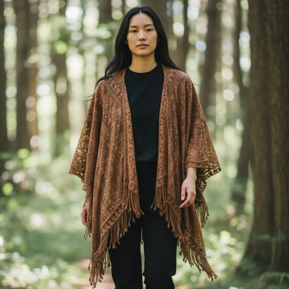 Pretty Angel Kimono Cape Womens L or XL Brown Lace Fringe Boho Linen Festival